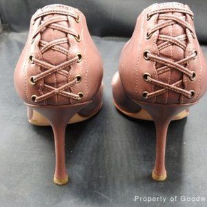 Mauve Brown Lace Up Bow Corset Pointed Toe Pumps
